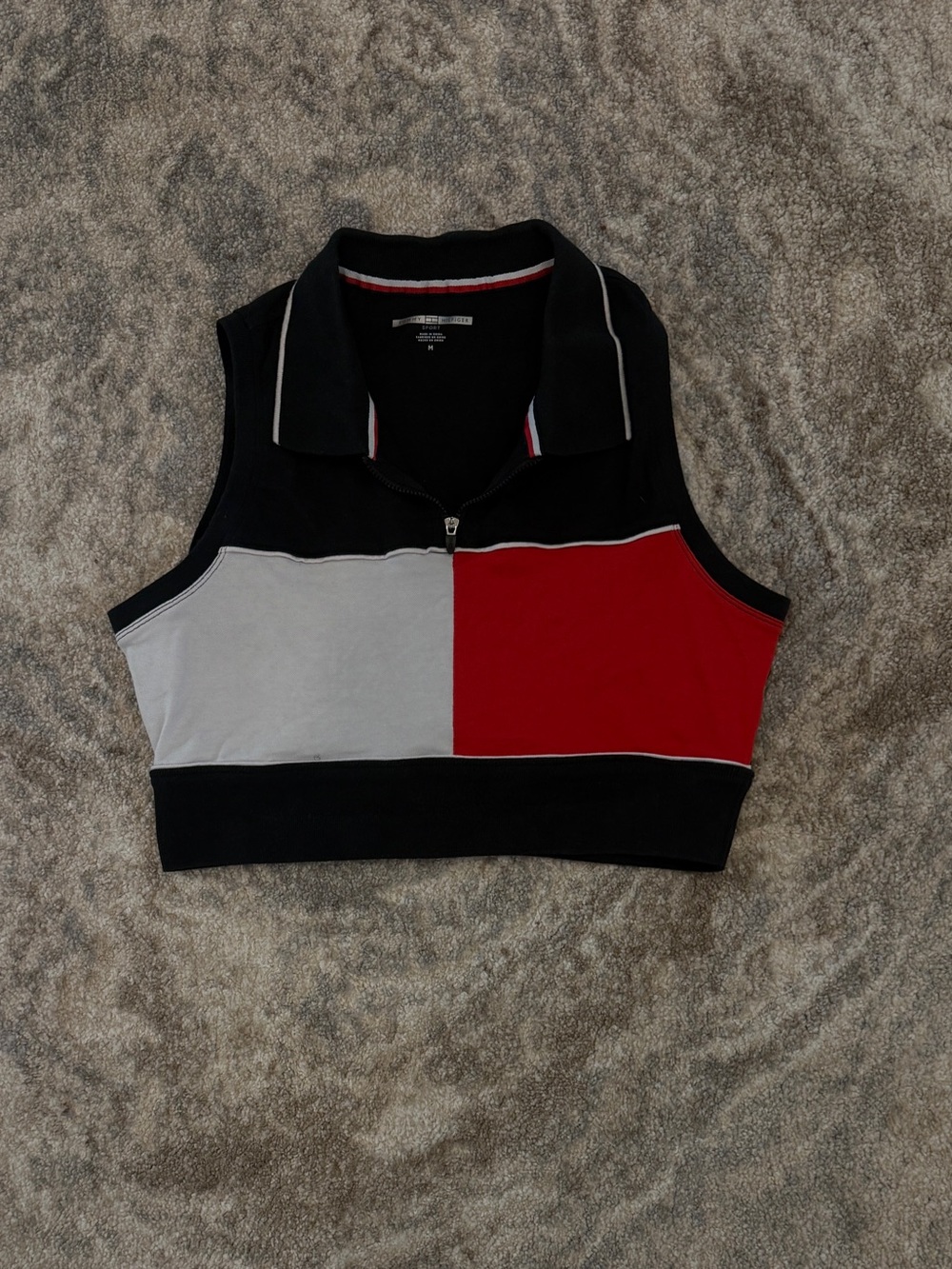 Tommy Hilfiger Black, Red & White Colorblock Sleeveless Polo Crop Top